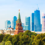 Moscow City business district with Kremlin tower